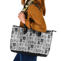 Vintage Aloha Block Quilt Leather Tote Bag Black Inspired Lei Motifs - Polynesian Pride