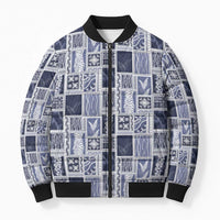 Vintage Aloha Block Quilt Bomber Puffer Jacket Blue Inspired Lei Motifs - Polynesian Pride
