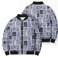Vintage Aloha Block Quilt Bomber Puffer Jacket Blue Inspired Lei Motifs - Polynesian Pride