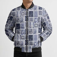 Vintage Aloha Block Quilt Bomber Puffer Jacket Blue Inspired Lei Motifs - Polynesian Pride