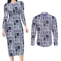 Vintage Aloha Block Quilt Couples Matching Long Sleeve Bodycon Dress and Long Sleeve Button Shirt Blue Inspired Lei Motifs - Polynesian Pride