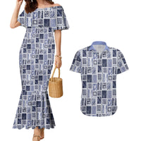 Vintage Aloha Block Quilt Couples Matching Mermaid Dress and Hawaiian Shirt Blue Inspired Lei Motifs LT9 Blue - Polynesian Pride