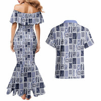 Vintage Aloha Block Quilt Couples Matching Mermaid Dress and Hawaiian Shirt Blue Inspired Lei Motifs LT9 - Polynesian Pride