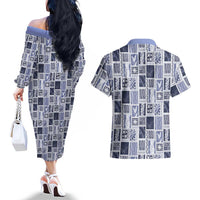 Vintage Aloha Block Quilt Couples Matching Off The Shoulder Long Sleeve Dress and Hawaiian Shirt Blue Inspired Lei Motifs LT9 - Polynesian Pride