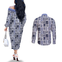 Vintage Aloha Block Quilt Couples Matching Off The Shoulder Long Sleeve Dress and Long Sleeve Button Shirt Blue Inspired Lei Motifs LT9 - Polynesian Pride