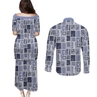 Vintage Aloha Block Quilt Couples Matching Puletasi and Long Sleeve Button Shirt Blue Inspired Lei Motifs - Polynesian Pride