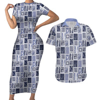 Vintage Aloha Block Quilt Couples Matching Short Sleeve Bodycon Dress and Hawaiian Shirt Blue Inspired Lei Motifs LT9 Blue - Polynesian Pride