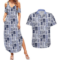 Vintage Aloha Block Quilt Couples Matching Summer Maxi Dress and Hawaiian Shirt Blue Inspired Lei Motifs - Polynesian Pride