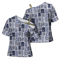 Vintage Aloha Block Quilt Cross Shoulder Shirt Blue Inspired Lei Motifs LT9 - Polynesian Pride