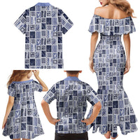 Vintage Aloha Block Quilt Family Matching Mermaid Dress and Hawaiian Shirt Blue Inspired Lei Motifs LT9 - Polynesian Pride