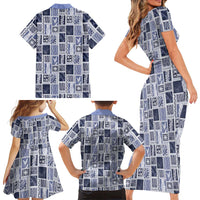 Vintage Aloha Block Quilt Family Matching Short Sleeve Bodycon Dress and Hawaiian Shirt Blue Inspired Lei Motifs LT9 - Polynesian Pride