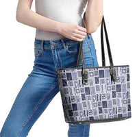 Vintage Aloha Block Quilt Leather Tote Bag Blue Inspired Lei Motifs - Polynesian Pride