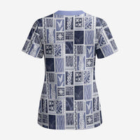 Vintage Aloha Block Quilt Scrub Top Blue Inspired Lei Motifs - Polynesian Pride