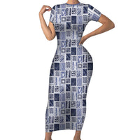 Vintage Aloha Block Quilt Short Sleeve Bodycon Dress Blue Inspired Lei Motifs - Polynesian Pride