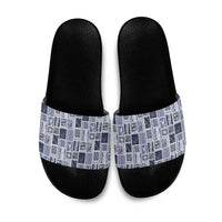 Vintage Aloha Block Quilt Slide Sandals Blue Inspired Lei Motifs - Polynesian Pride