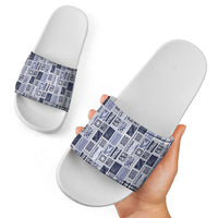 Vintage Aloha Block Quilt Slide Sandals Blue Inspired Lei Motifs - Polynesian Pride