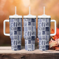 Vintage Aloha Block Quilt Tumbler With Handle Blue Inspired Lei Motifs LT9 - Polynesian Pride