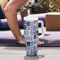 Vintage Aloha Block Quilt Tumbler With Handle Blue Inspired Lei Motifs LT9 - Polynesian Pride