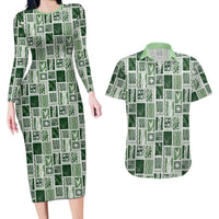 Vintage Aloha Block Quilt Couples Matching Long Sleeve Bodycon Dress and Hawaiian Shirt Green Inspired Lei Motifs LT9 Green - Polynesian Pride