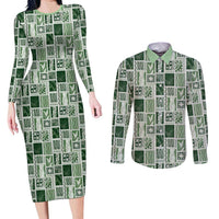 Vintage Aloha Block Quilt Couples Matching Long Sleeve Bodycon Dress and Long Sleeve Button Shirt Green Inspired Lei Motifs LT9 Green - Polynesian Pride