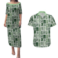 Vintage Aloha Block Quilt Couples Matching Puletasi and Hawaiian Shirt Green Inspired Lei Motifs - Polynesian Pride