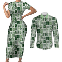 Vintage Aloha Block Quilt Couples Matching Short Sleeve Bodycon Dress and Long Sleeve Button Shirt Green Inspired Lei Motifs LT9 Green - Polynesian Pride