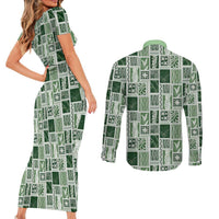 Vintage Aloha Block Quilt Couples Matching Short Sleeve Bodycon Dress and Long Sleeve Button Shirt Green Inspired Lei Motifs LT9 - Polynesian Pride
