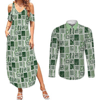 Vintage Aloha Block Quilt Couples Matching Summer Maxi Dress and Long Sleeve Button Shirt Green Inspired Lei Motifs - Polynesian Pride