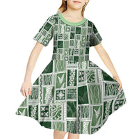 Vintage Aloha Block Quilt Kid Short Sleeve Dress Green Inspired Lei Motifs - Polynesian Pride