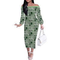 Vintage Aloha Block Quilt Off The Shoulder Long Sleeve Dress Green Inspired Lei Motifs - Polynesian Pride