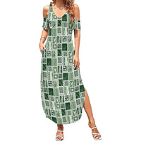 Vintage Aloha Block Quilt Summer Maxi Dress Green Inspired Lei Motifs - Polynesian Pride