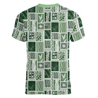 Vintage Aloha Block Quilt Women V-Neck T-Shirt Green Inspired Lei Motifs - Polynesian Pride