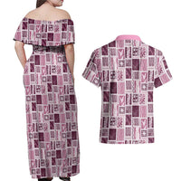 Vintage Aloha Block Quilt Couples Matching Off Shoulder Maxi Dress and Hawaiian Shirt Pink Inspired Lei Motifs LT9 - Polynesian Pride