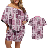 Vintage Aloha Block Quilt Couples Matching Off Shoulder Short Dress and Hawaiian Shirt Pink Inspired Lei Motifs LT9 Pink - Polynesian Pride