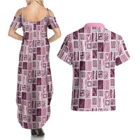 Vintage Aloha Block Quilt Couples Matching Summer Maxi Dress and Hawaiian Shirt Pink Inspired Lei Motifs LT9 - Polynesian Pride