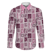 Vintage Aloha Block Quilt Family Matching Long Sleeve Bodycon Dress and Hawaiian Shirt Pink Inspired Lei Motifs LT9 Dad's Shirt - Long Sleeve Pink - Polynesian Pride