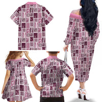 Vintage Aloha Block Quilt Family Matching Off The Shoulder Long Sleeve Dress and Hawaiian Shirt Pink Inspired Lei Motifs LT9 - Polynesian Pride