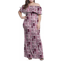 Vintage Aloha Block Quilt Family Matching Off Shoulder Maxi Dress and Hawaiian Shirt Pink Inspired Lei Motifs LT9 Mom's Dress Pink - Polynesian Pride