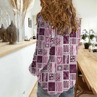 Vintage Aloha Block Quilt Women Casual Shirt Pink Inspired Lei Motifs - Polynesian Pride