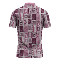 Vintage Aloha Block Quilt Zipper Polo Shirt Pink Inspired Lei Motifs - Polynesian Pride