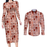 Vintage Aloha Block Quilt Couples Matching Long Sleeve Bodycon Dress and Long Sleeve Button Shirt Red Inspired Lei Motifs - Polynesian Pride