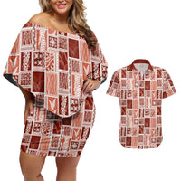 Vintage Aloha Block Quilt Couples Matching Off Shoulder Short Dress and Hawaiian Shirt Red Inspired Lei Motifs - Polynesian Pride