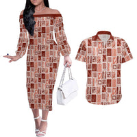Vintage Aloha Block Quilt Couples Matching Off The Shoulder Long Sleeve Dress and Hawaiian Shirt Red Inspired Lei Motifs LT9 Red - Polynesian Pride