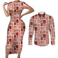 Vintage Aloha Block Quilt Couples Matching Short Sleeve Bodycon Dress and Long Sleeve Button Shirt Red Inspired Lei Motifs - Polynesian Pride