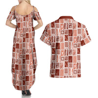 Vintage Aloha Block Quilt Couples Matching Summer Maxi Dress and Hawaiian Shirt Red Inspired Lei Motifs - Polynesian Pride