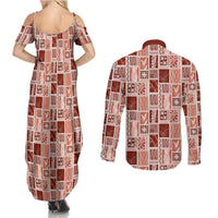 Vintage Aloha Block Quilt Couples Matching Summer Maxi Dress and Long Sleeve Button Shirt Red Inspired Lei Motifs - Polynesian Pride