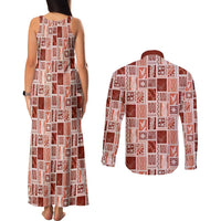 Vintage Aloha Block Quilt Couples Matching Tank Maxi Dress and Long Sleeve Button Shirt Red Inspired Lei Motifs - Polynesian Pride