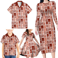 Vintage Aloha Block Quilt Family Matching Long Sleeve Bodycon Dress and Hawaiian Shirt Red Inspired Lei Motifs LT9 - Polynesian Pride
