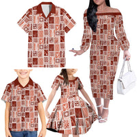 Vintage Aloha Block Quilt Family Matching Off The Shoulder Long Sleeve Dress and Hawaiian Shirt Red Inspired Lei Motifs LT9 - Polynesian Pride