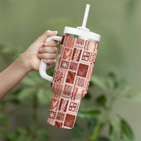 Vintage Aloha Block Quilt Tumbler With Handle Red Inspired Lei Motifs - Polynesian Pride